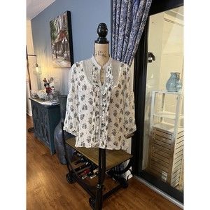 Zara Women's button down rose Square Dot see though blouse Large ivory